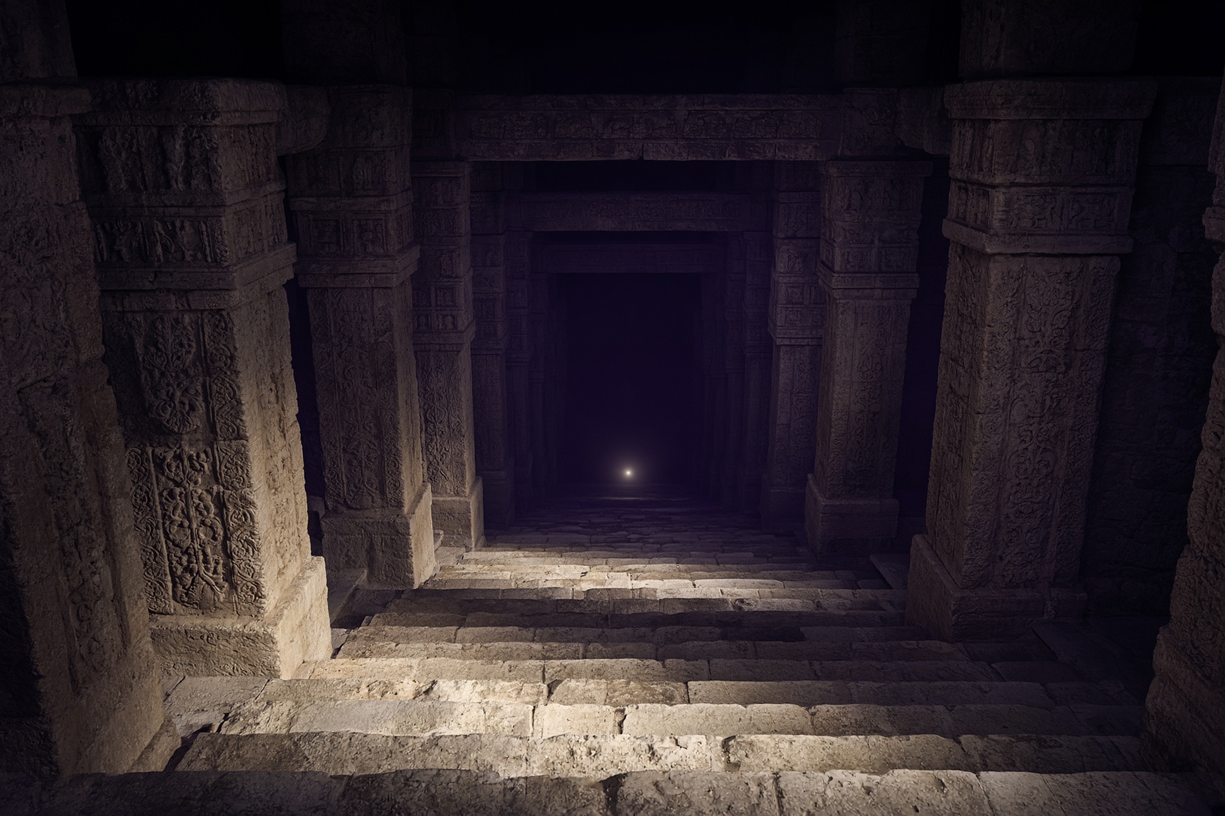 Interpretation of stone stairs descending into violet dark, one distant light.